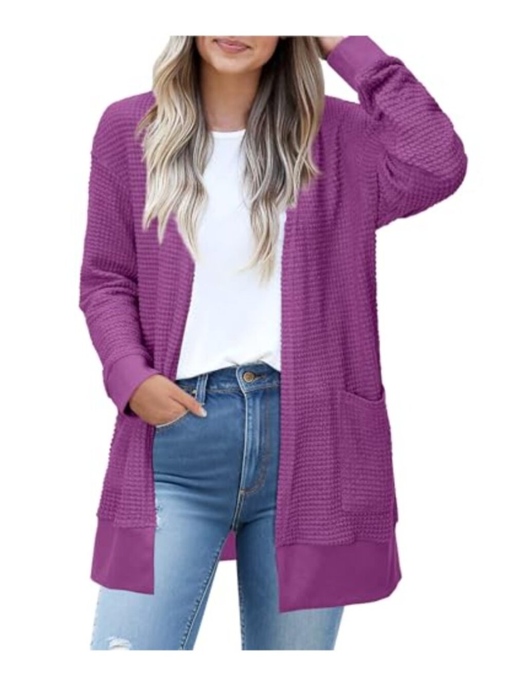 Waffle Knit Open Front Cardigan Sweater with Pockets Lightweight